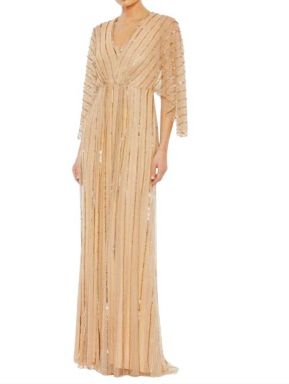 MAC DUGGAL Beaded Striping Kimono Sleeve V Neck Gown